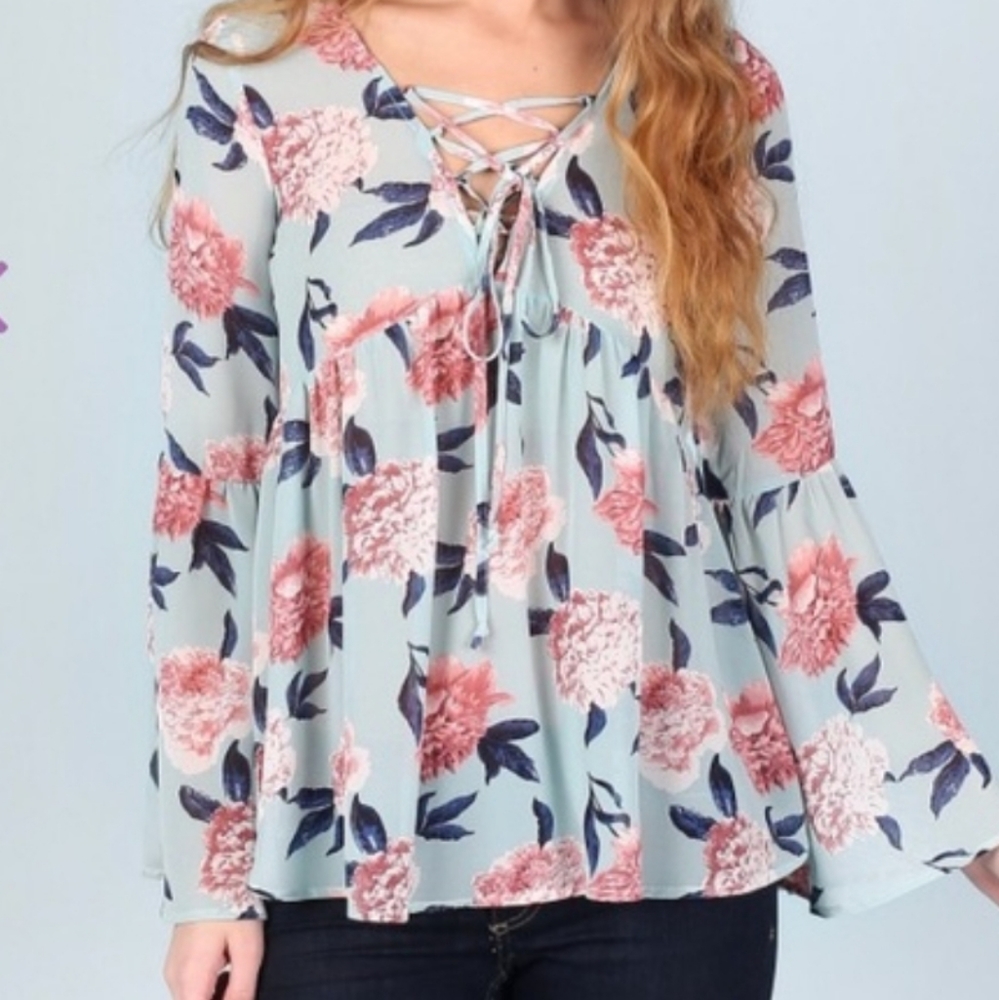 ALTAR'D STATE long sleeve light blue floral blouse